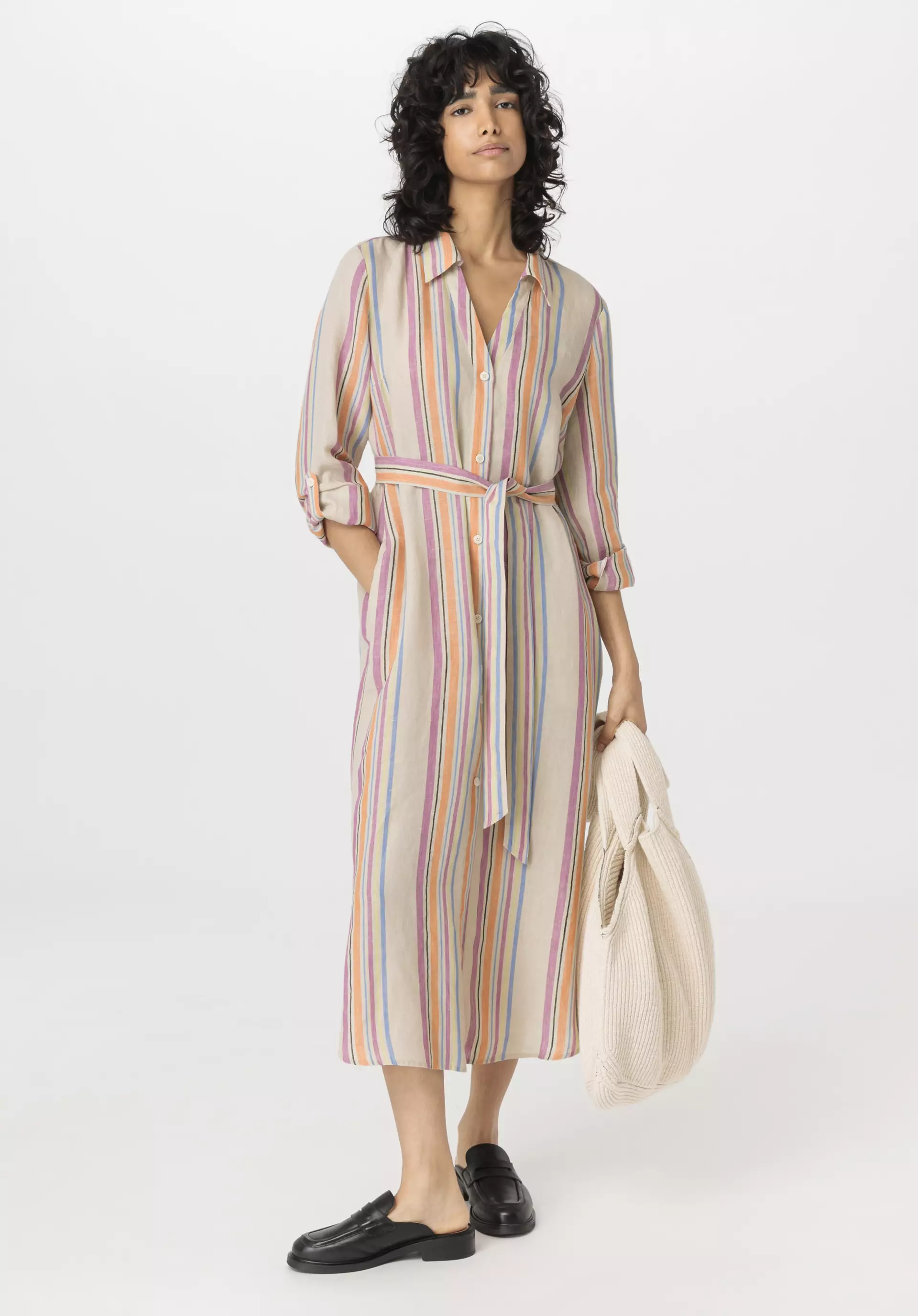 Striped midi relaxed dress made of pure linen - 0