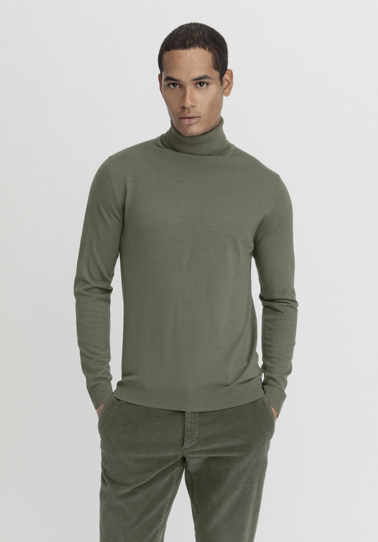 hessnatur Herren Feiner Rollkragenpullover Regular aus Schurwolle - grün Größe 46