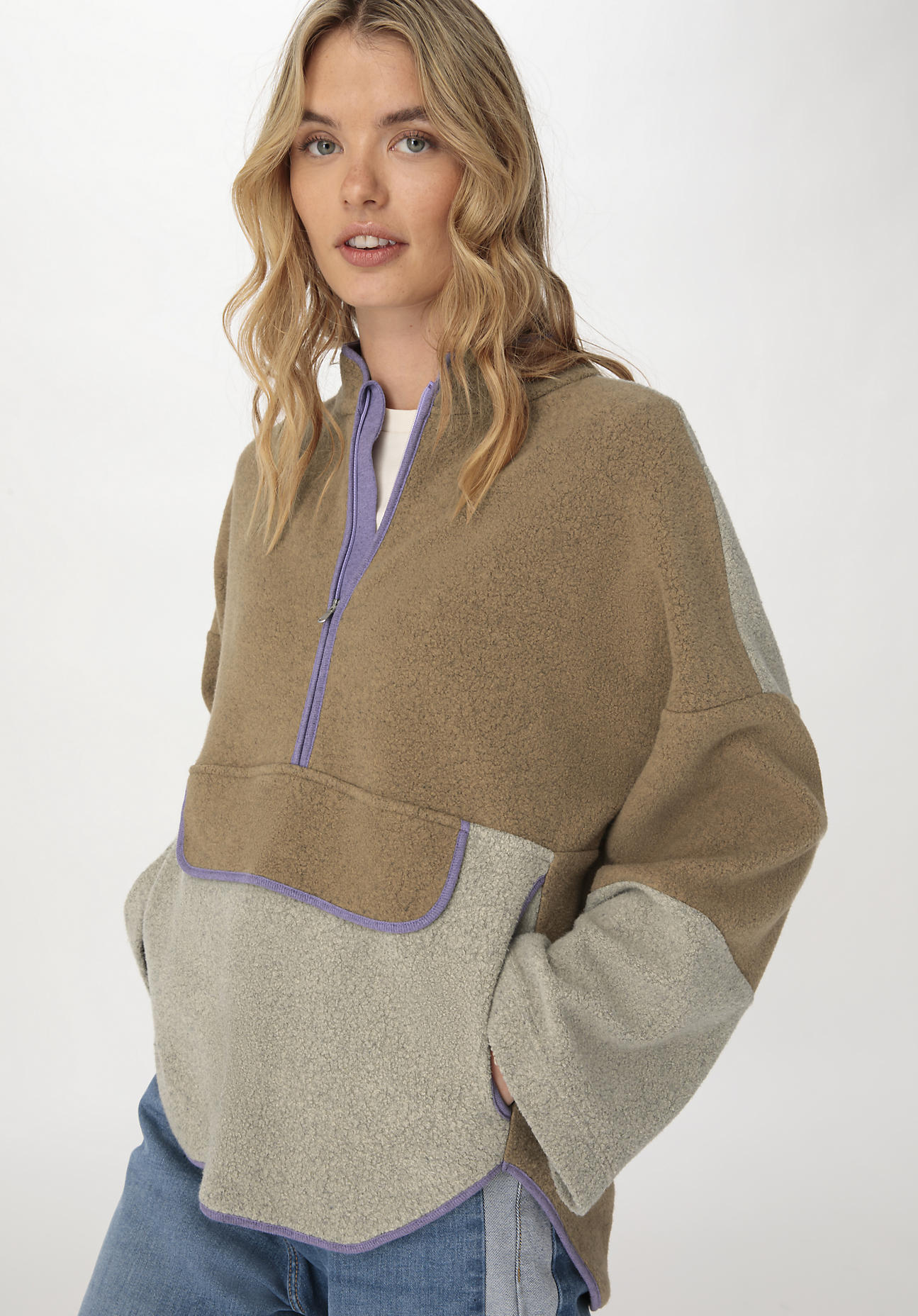hessnatur Damen Fleece Troyer BETTERRECYCLING Oversize aus Bio-Baumwolle - braun - Größe L