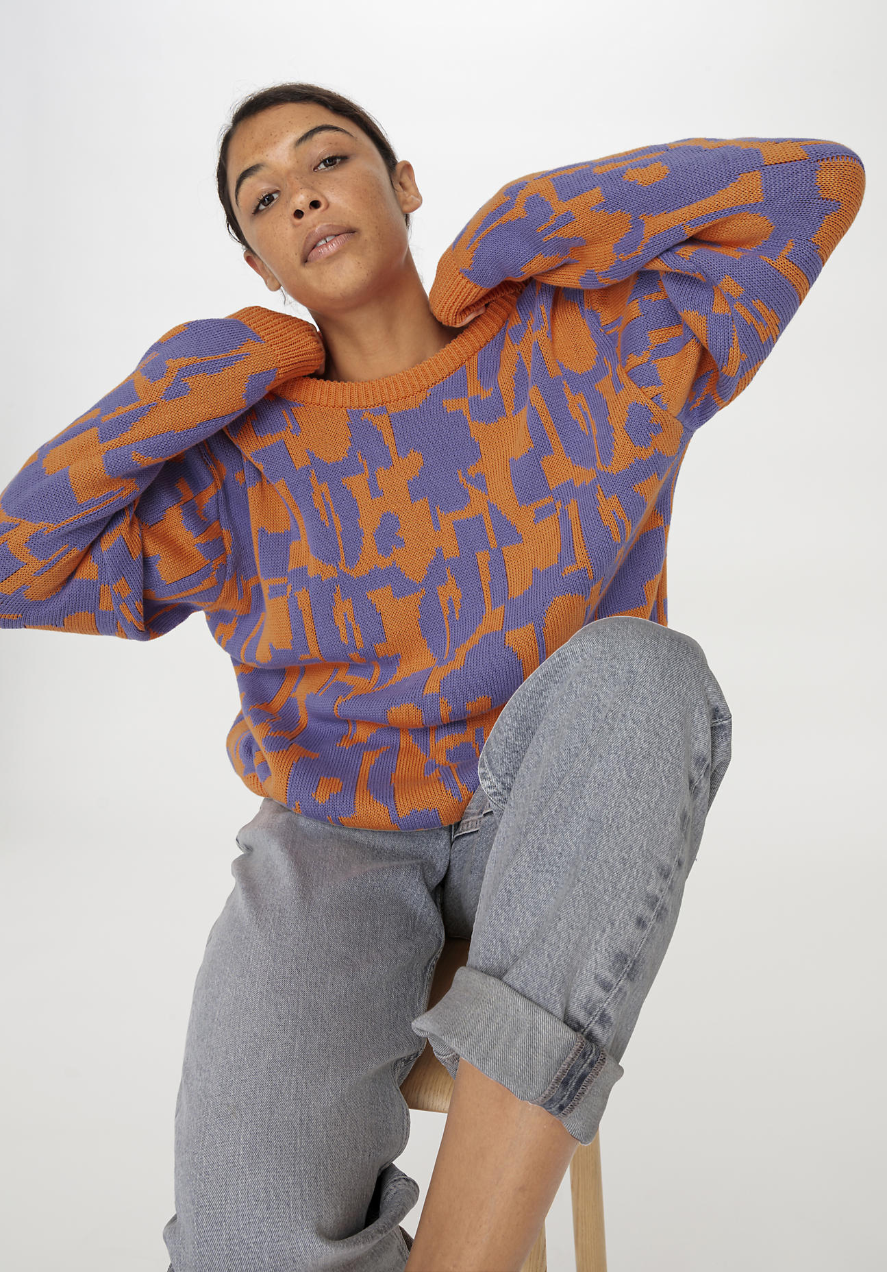 hessnatur Damen Jacquard Pullover Oversize aus Bio-Baumwolle - orange - Größe XS