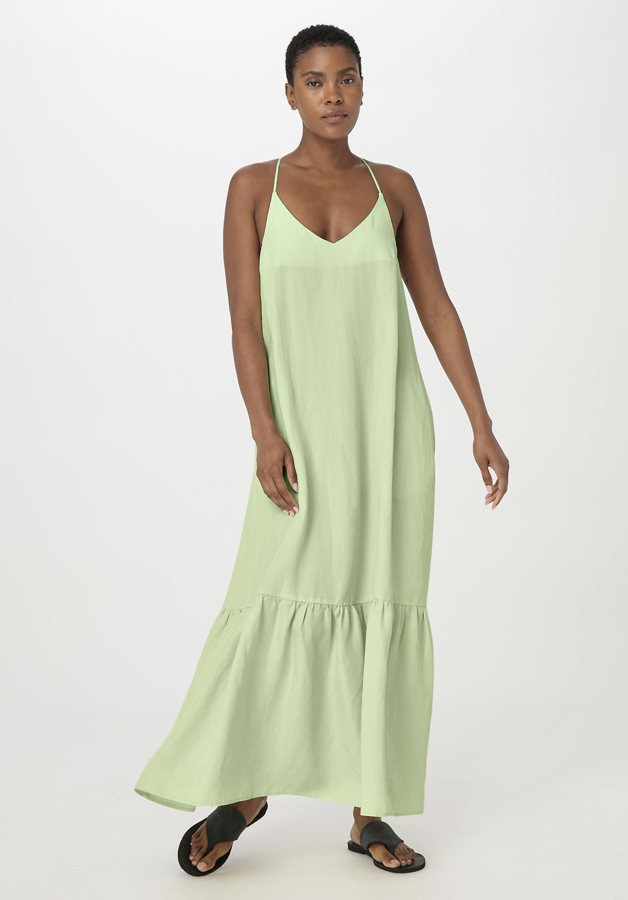 hessnatur Damen Kleid Maxi Relaxed aus TENCEL™ Lyocell mit Leinen - grün Größe 40
