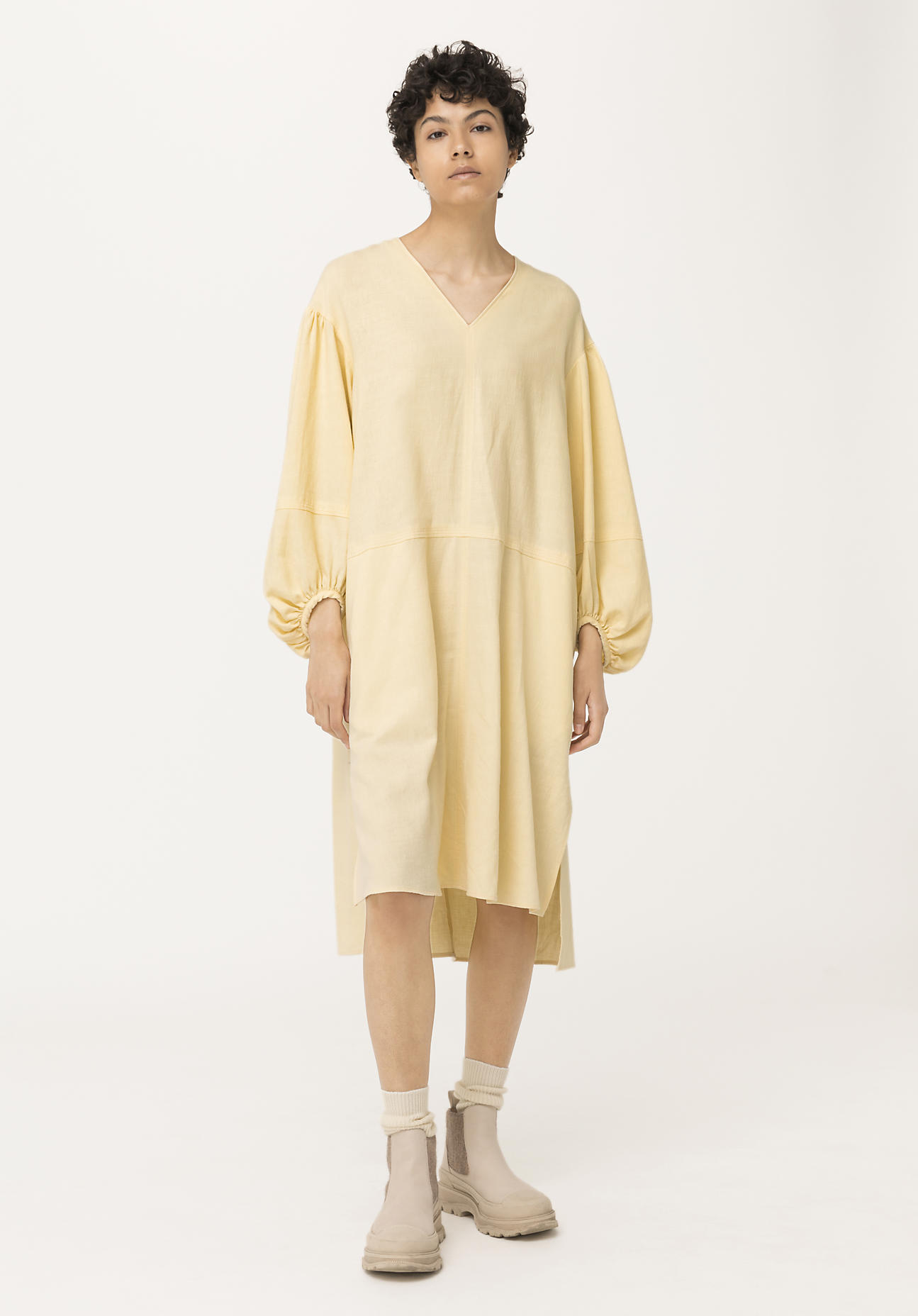 hessnatur Damen Kleid aus Bio-Baumwolle mit Leinen - gelb - Größe L