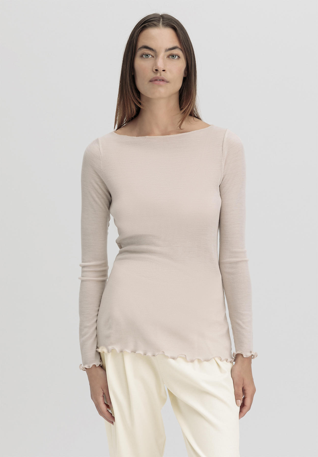 hessnatur Damen Longsleeve Fitted WARM TOUCH aus Bio-Merinowolle und TENCEL™ Lyocell - beige Größe 44