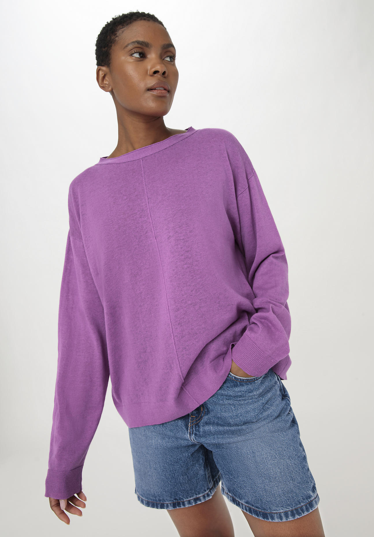 hessnatur Damen Pullover Oversize aus Leinen mit Bio-Baumwolle - lila - Größe XS