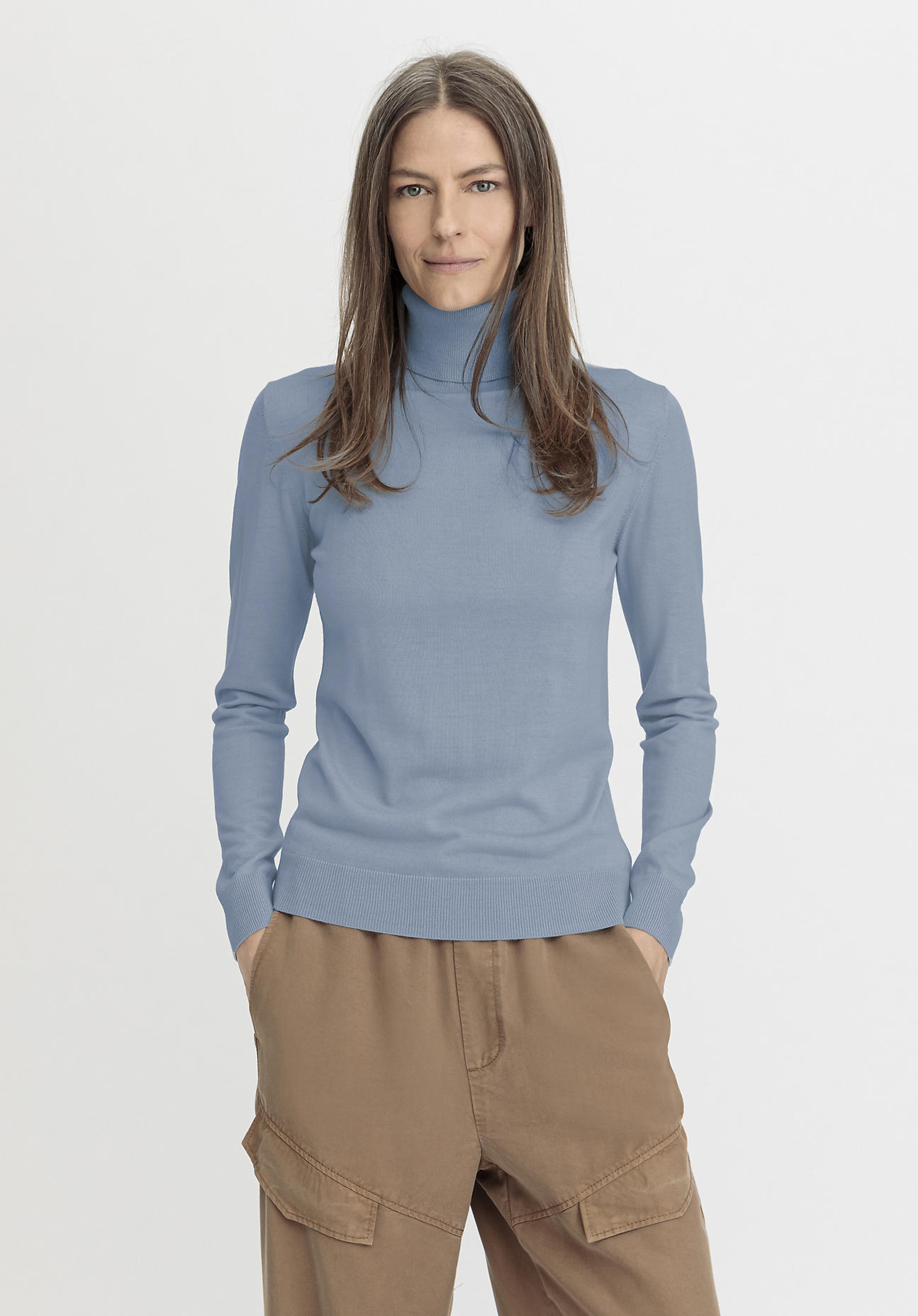 hessnatur Damen Pullover Rollkragen Regular aus Bio-Merinowolle - blau Größe 48