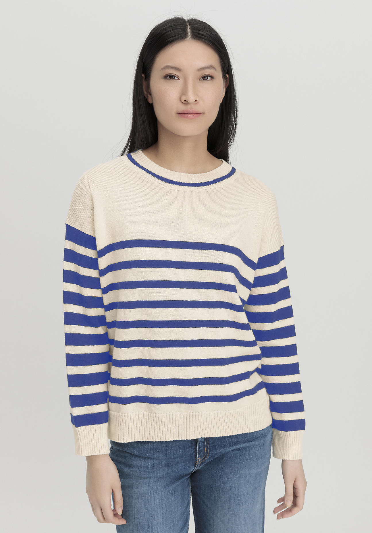 hessnatur Damen Pullover Streifen Relaxed aus Bio-Merinowolle und Bio-Baumwolle - blau - Größe M