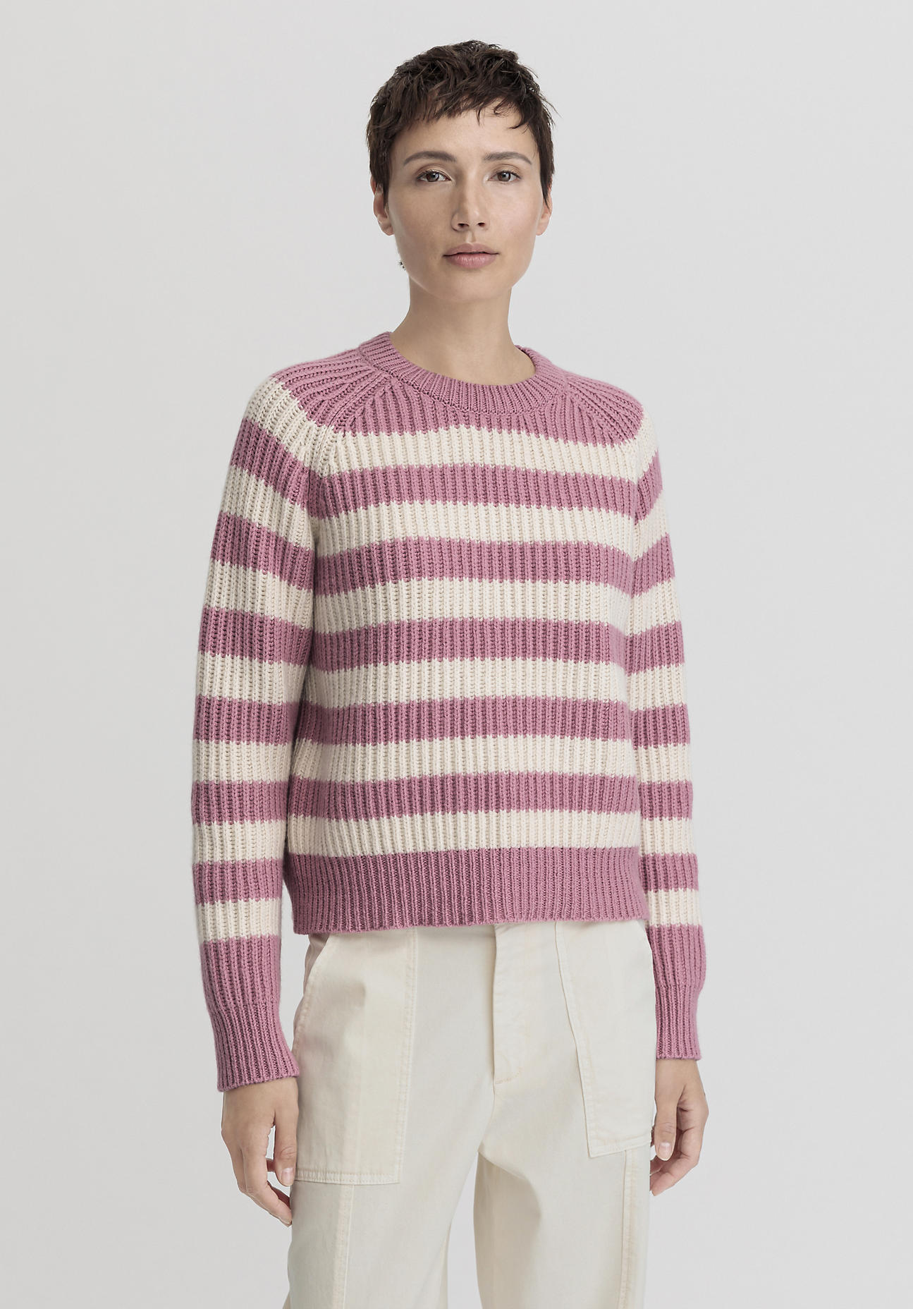 hessnatur Damen Pullover Streifen Relaxed aus Bio-Baumwolle und weicher Schurwolle - rosa Größe L