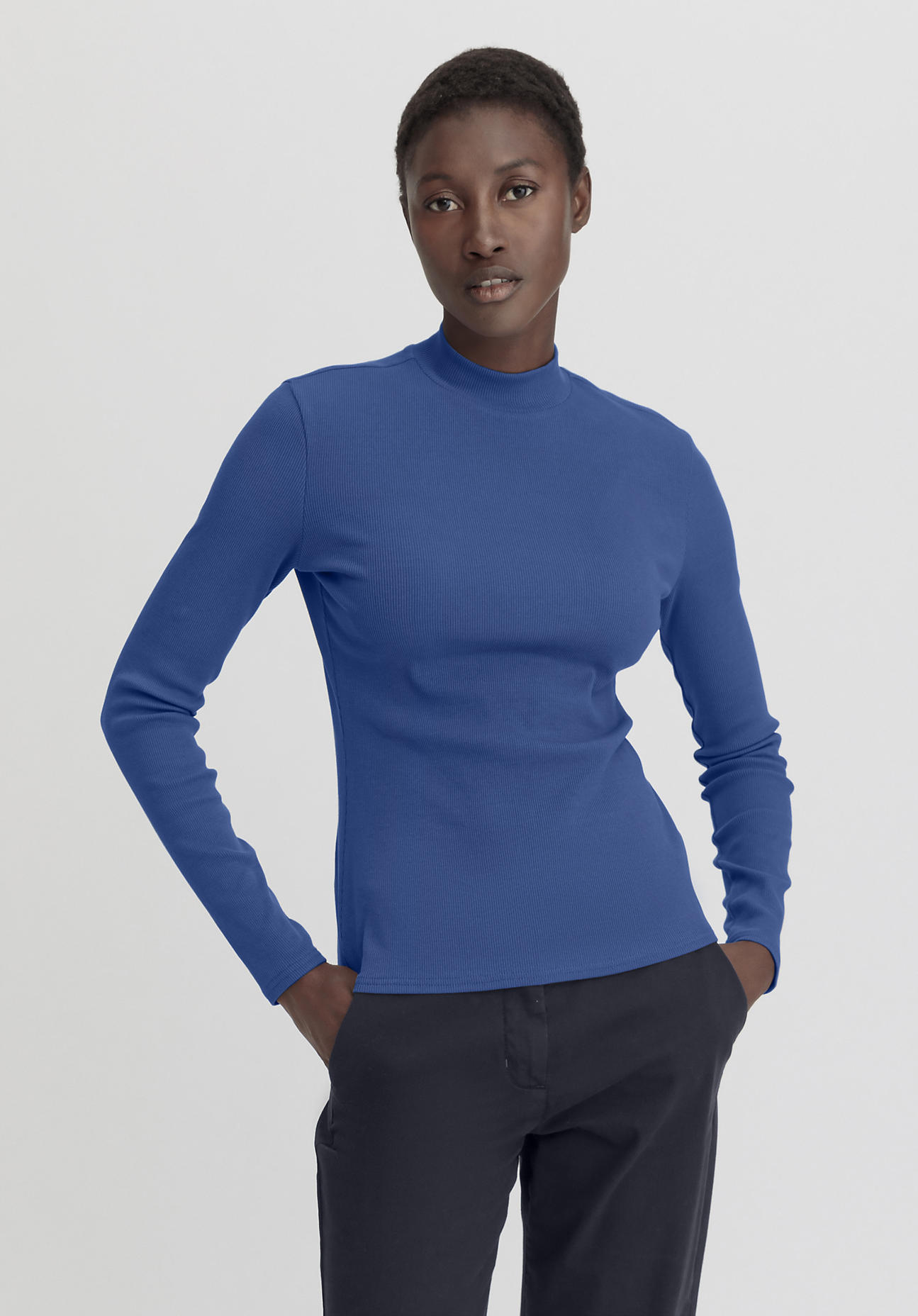 hessnatur Damen Rib Longshirt Slim aus Bio-Baumwolle - blau Größe 48