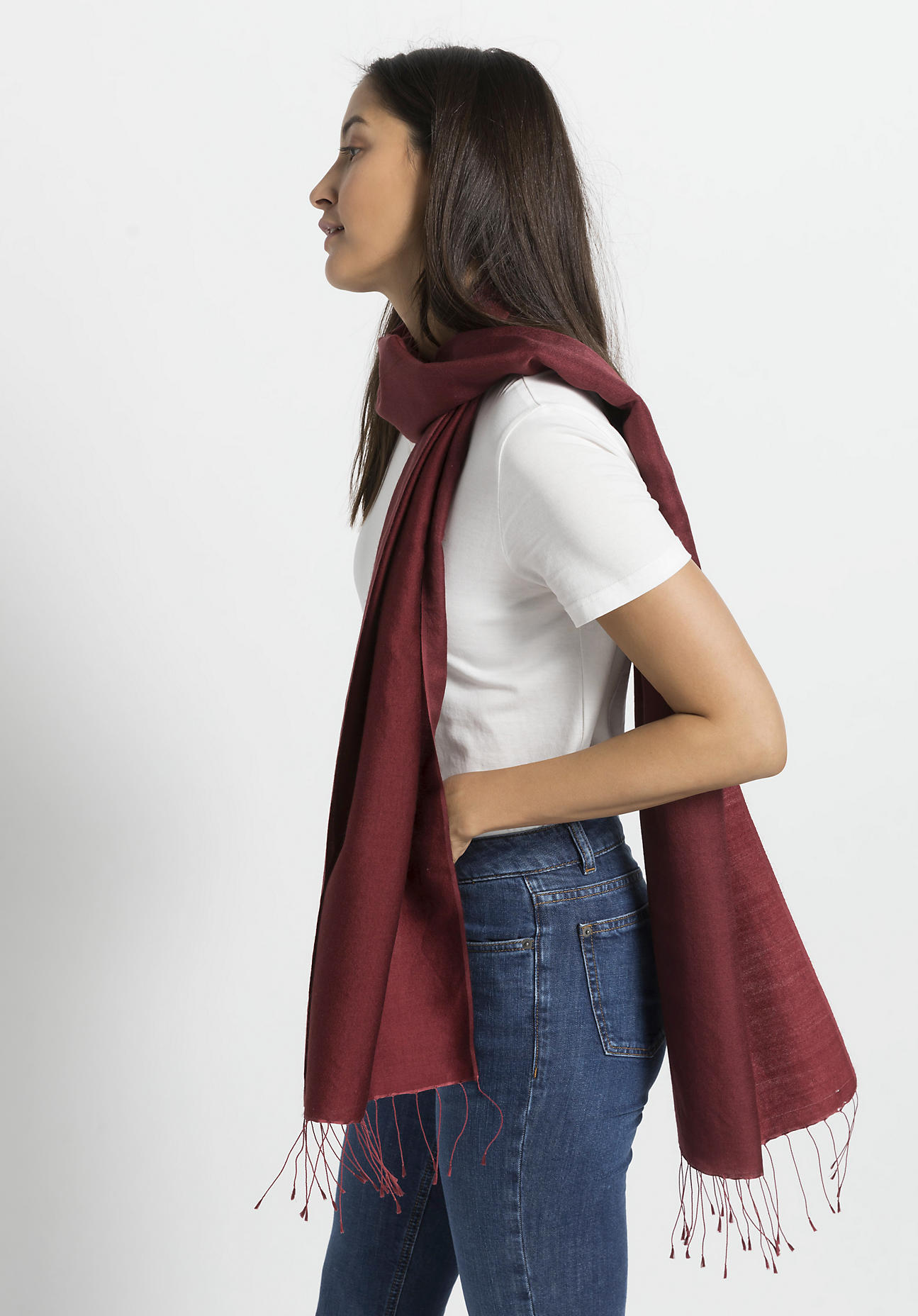 hessnatur Damen Schal aus Schurwolle mit Seide - rot Größe 45x200 cm