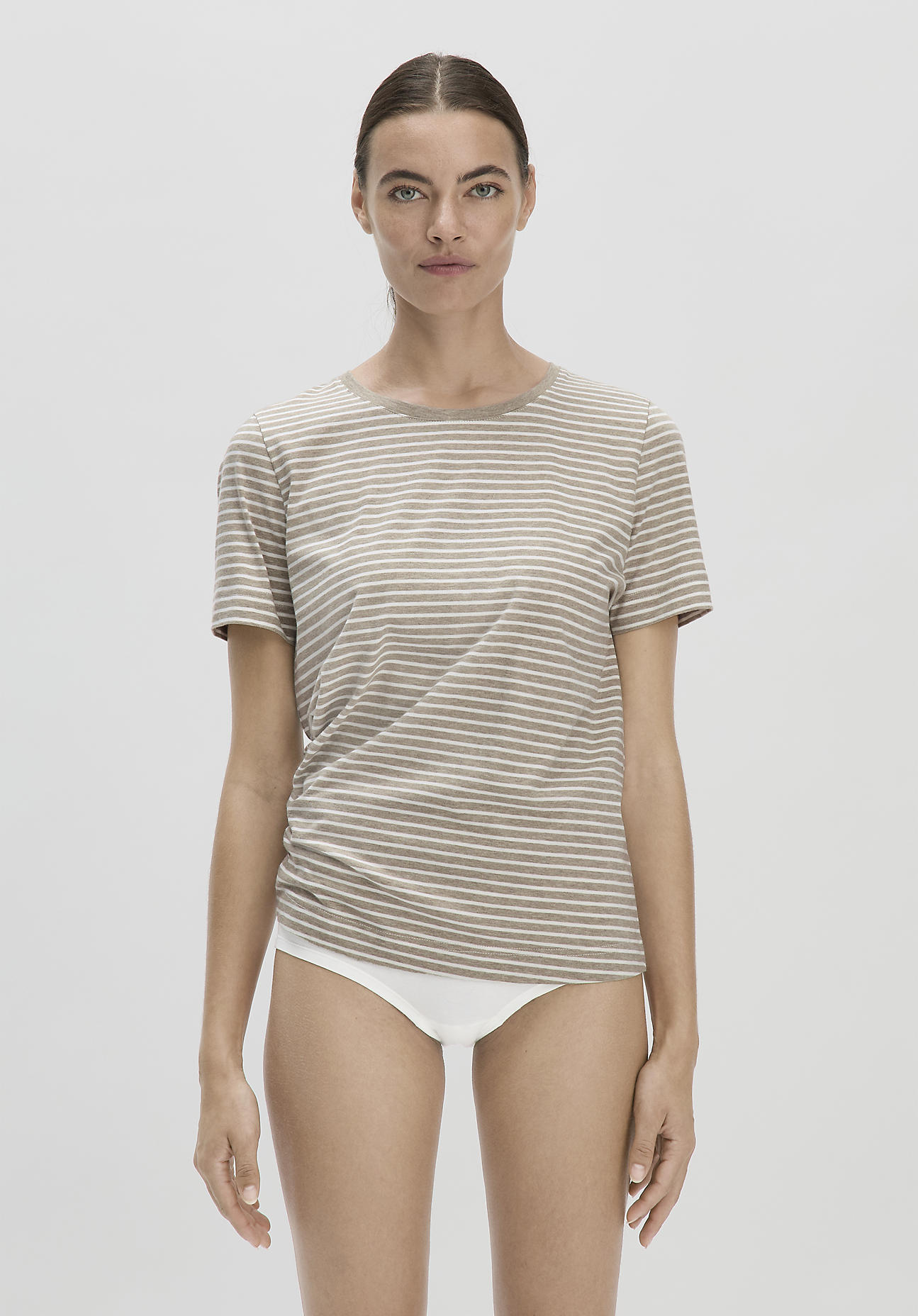 hessnatur Damen Schlafshirt Regular PURE COTTON - taupe geringelt Größe 40