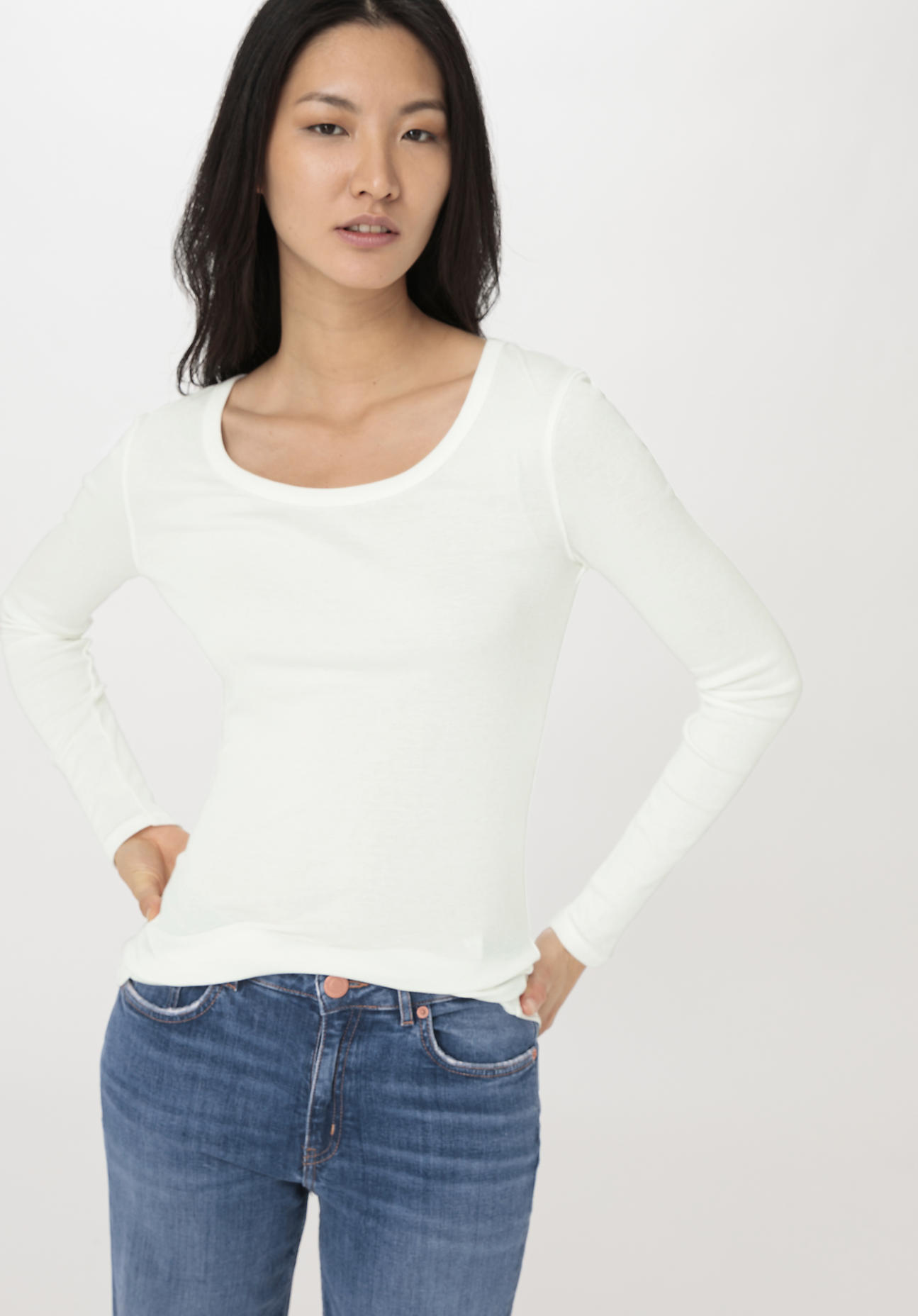 hessnatur Damen Softrib Langarmshirt Slim aus Bio-Baumwolle mit TENCEL™ Modal - weiß - Größe 34