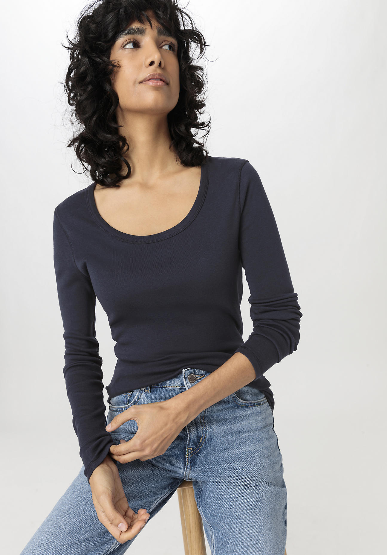 hessnatur Damen Softrib Langarmshirt Slim aus Bio-Baumwolle mit TENCEL™ Modal - blau - Größe 44