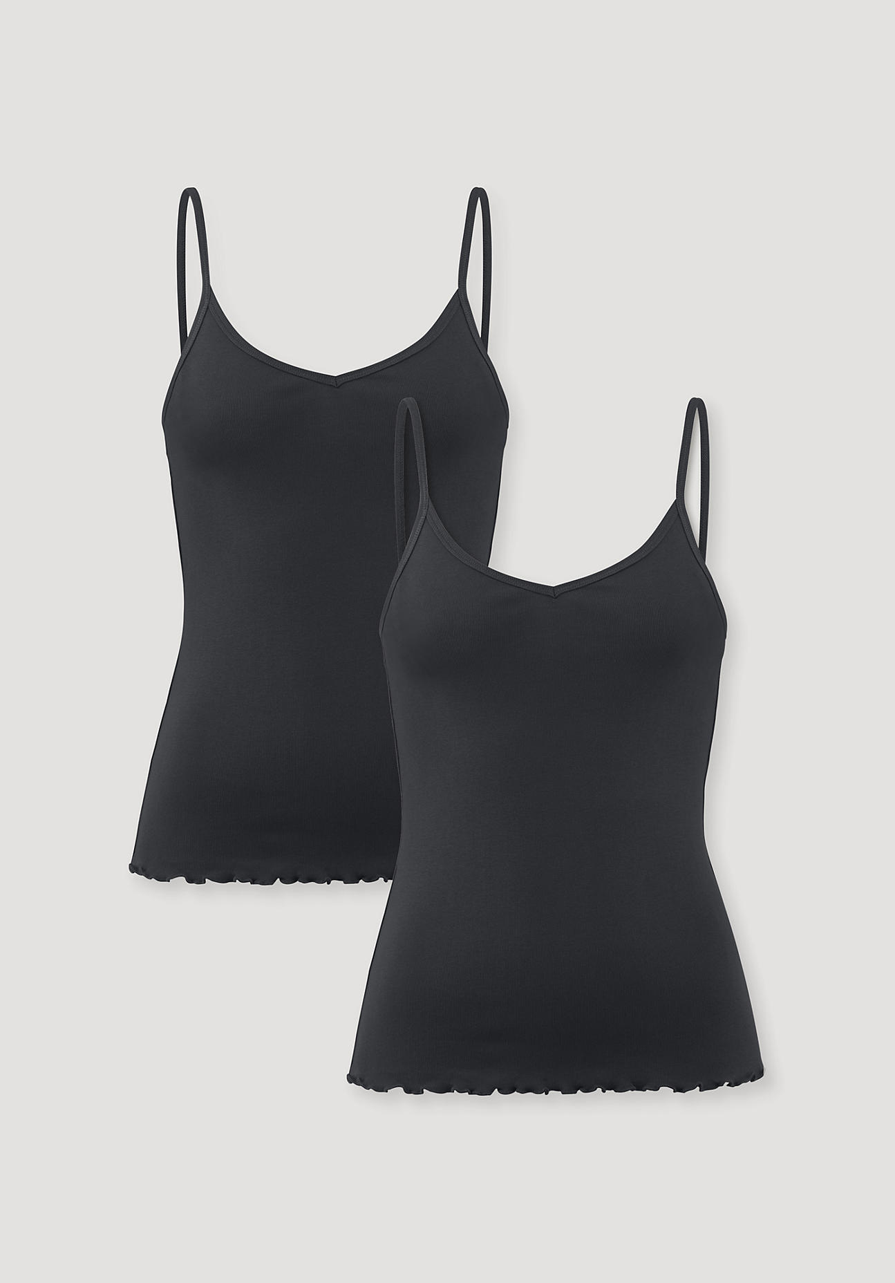 hessnatur Damen Spaghetti-Top V-Neck Fitted 2er-Set PURE NATURE aus Bio-Baumwolle - schwarz Größe 38