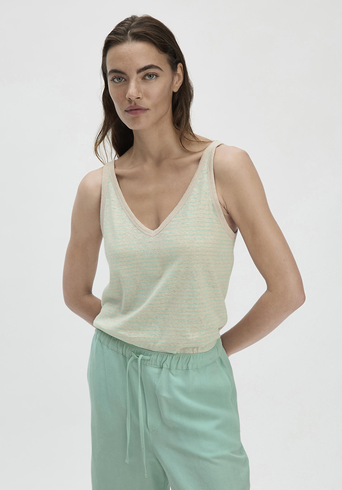 hessnatur Damen Streifen Jersey Top Regular aus Leinen und reiner Bio-Baumwolle - beige Größe 46