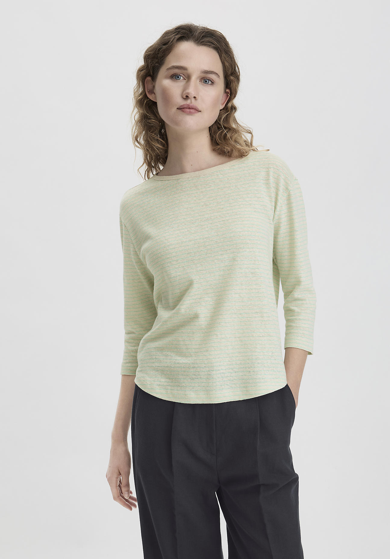 hessnatur Damen Streifen Longsleeve Relaxed aus Leinen mit reiner Bio-Baumwolle - beige Größe 34