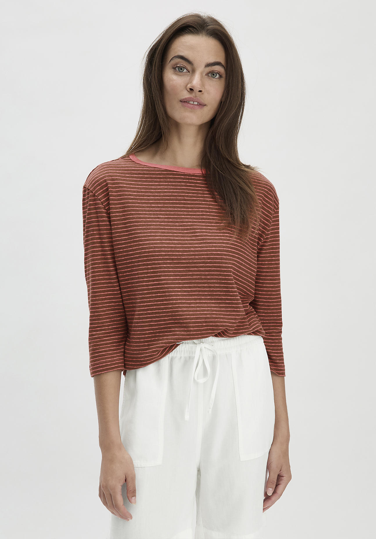 hessnatur Damen Streifen Longsleeve Relaxed aus Leinen mit reiner Bio-Baumwolle - braun Größe 36