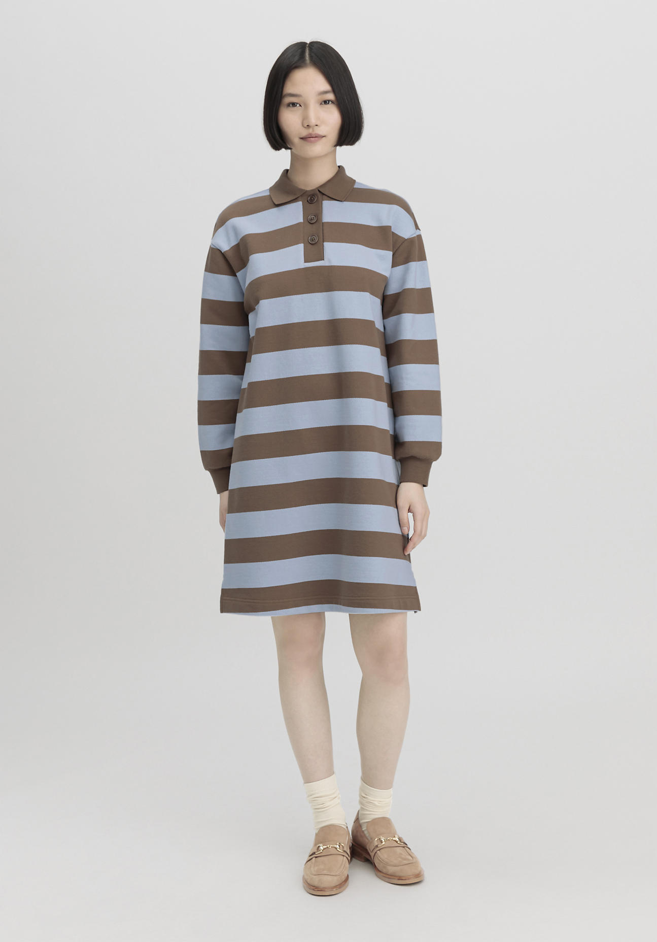 hessnatur Damen Sweat Kleid Streifen Relaxed aus Bio-Baumwolle - braun Größe L