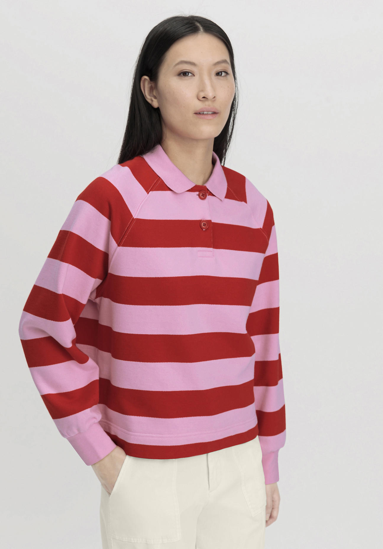 hessnatur Damen Sweatpolo Streifen Relaxed aus Bio-Baumwolle - rosa - Größe XS