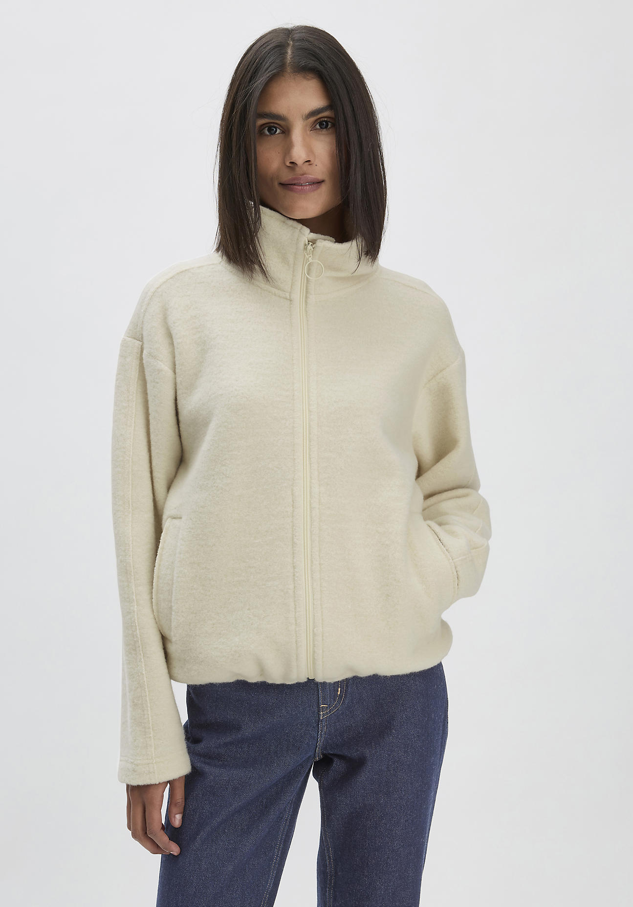 hessnatur Damen Wollfleece Jacke Relaxed aus Bio- Merinowolle mit Bio-Baumwolle - beige Größe S