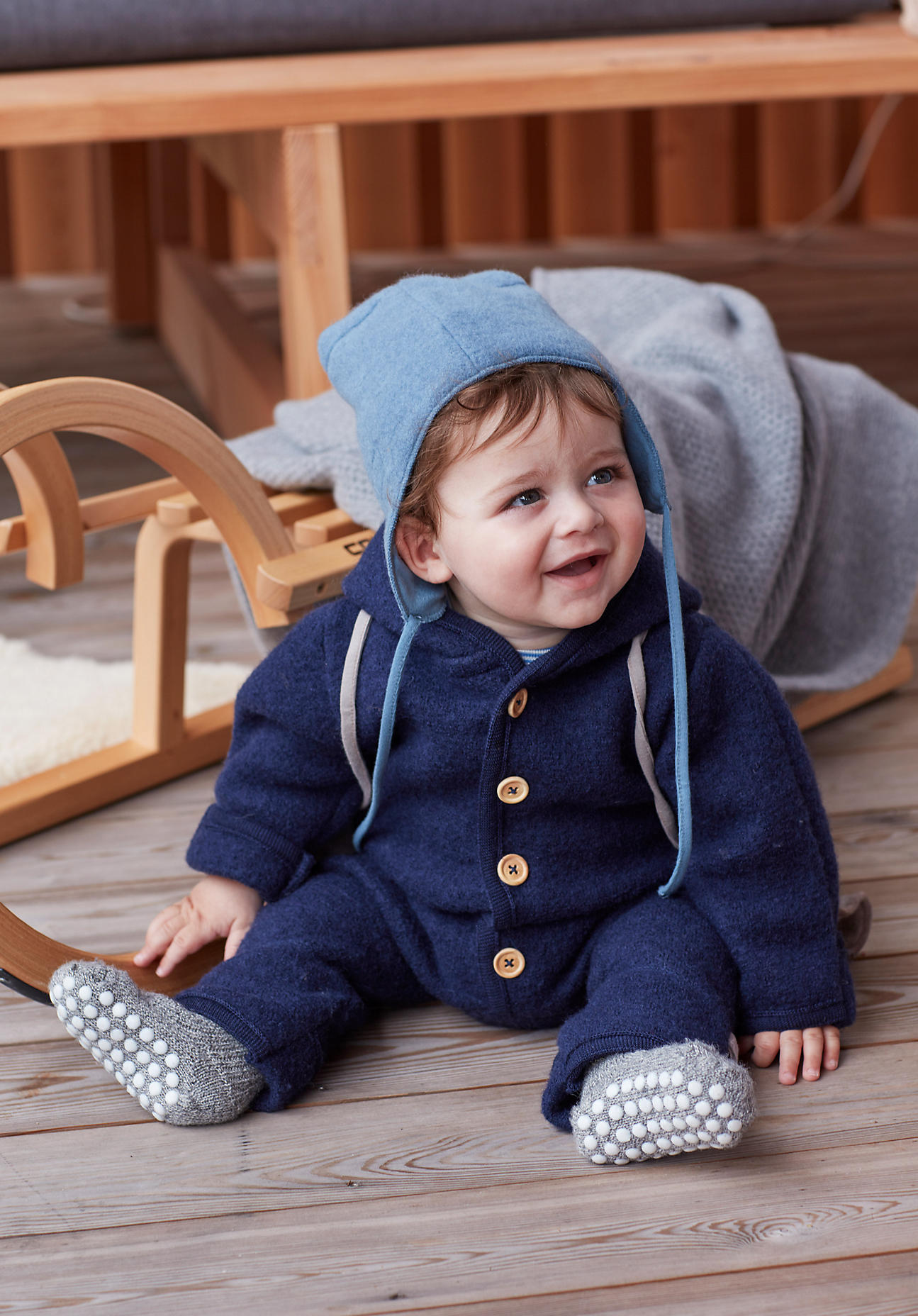 hessnatur Baby Wollwalk Overall Regular aus Bio-Merinowolle - blau Grösse62/68