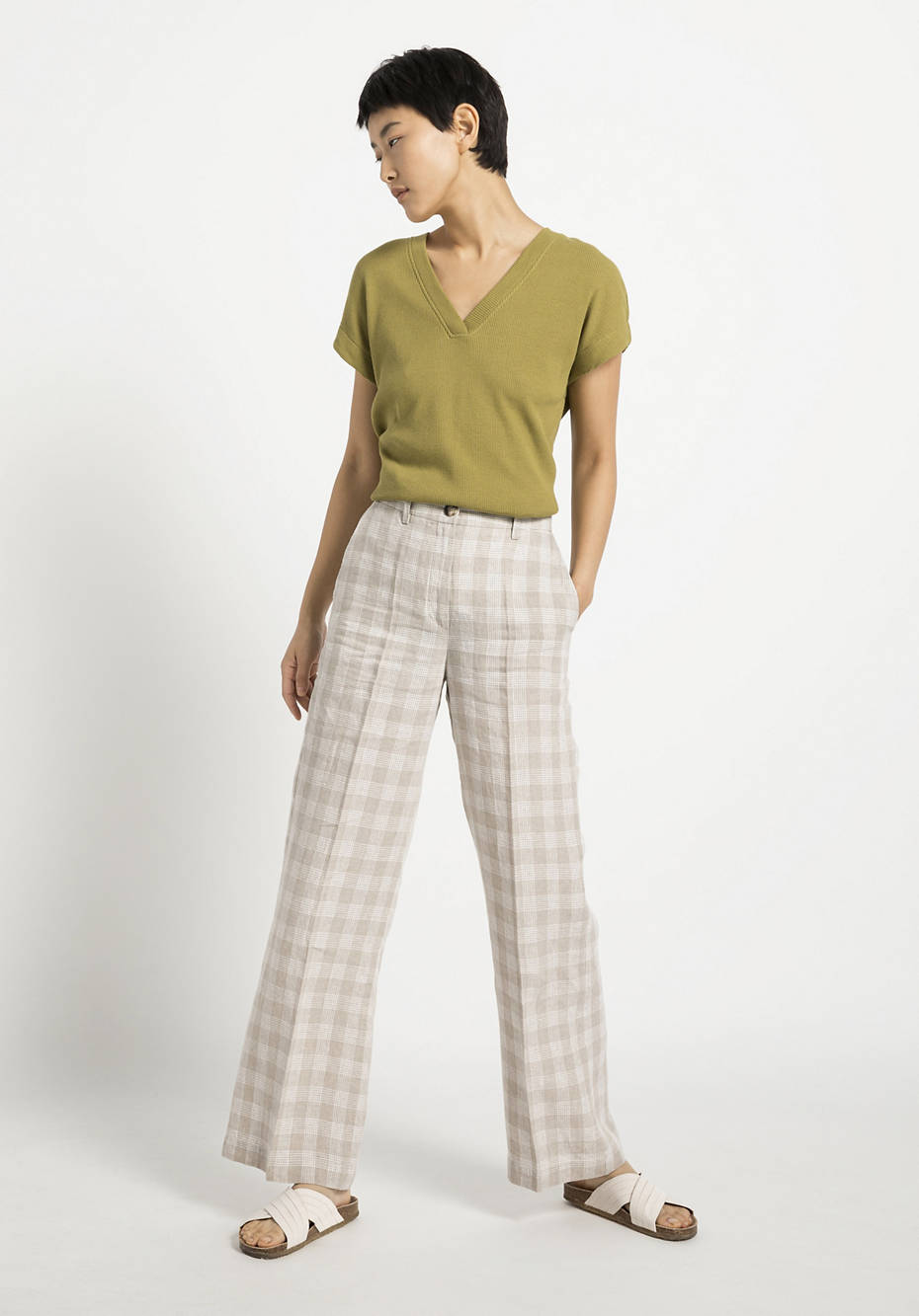 Wide checked trousers made from pure organic linen